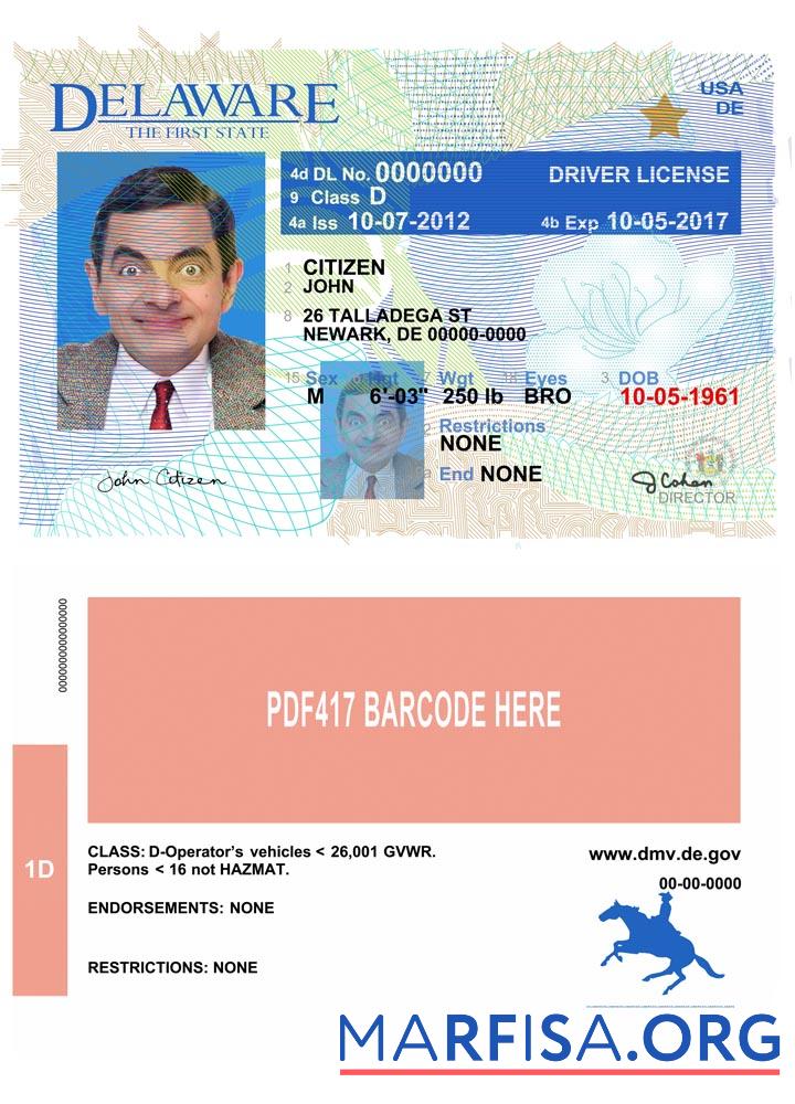 Printable USA Delaware driving license version 2 sample